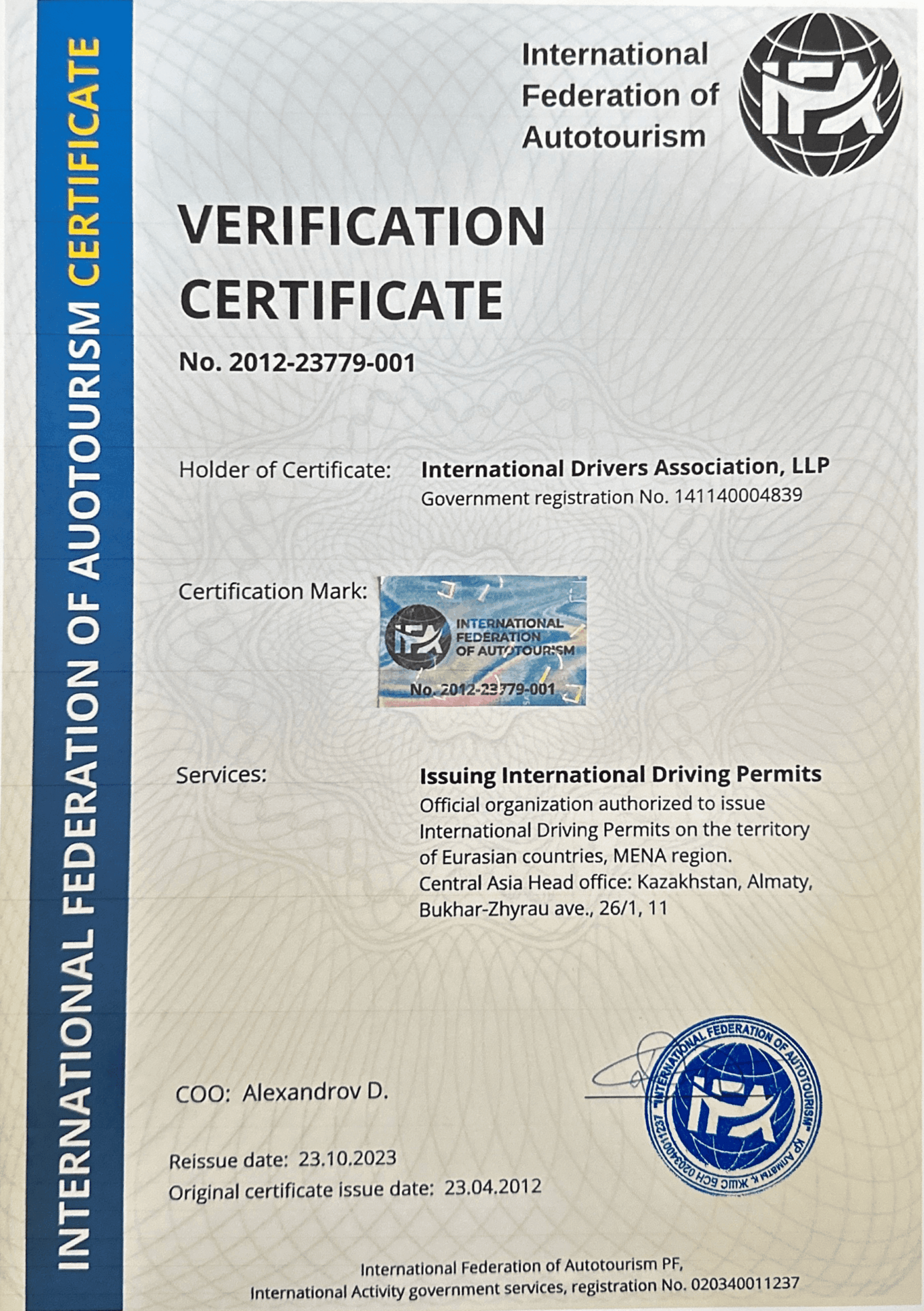 IFA Accreditation Certificate for IDA